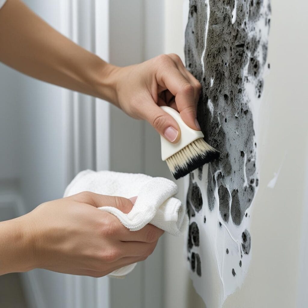 Depósito de moho junto a pared húmeda siendo tratado con vinagre blanco y bicarbonato