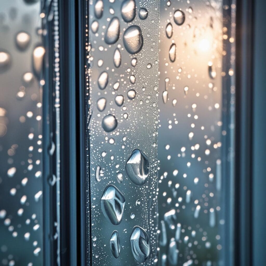Condensación en vivienda: gotas en ventana, vapor interior, manchas de humedad y posible moho en pared