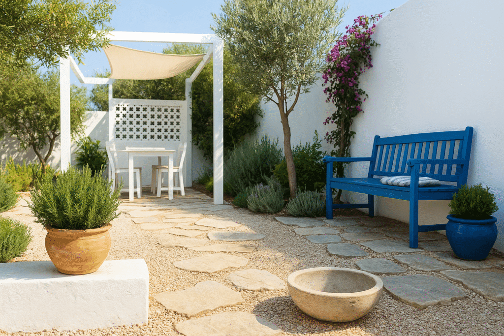 Jardín mediterráneo sereno con patio y banco azul Imagen de un patio exterior en estilo mediterráneo con pérgola blanca, banco azul, plantas en macetas de terracota y camino de piedra bajo un cielo soleado