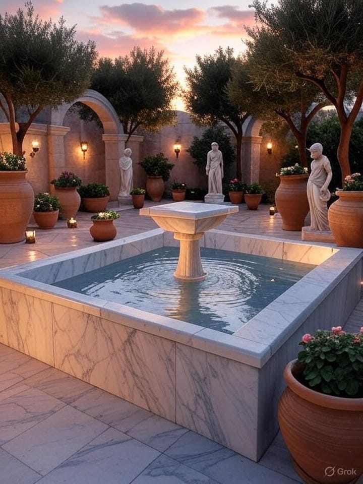 Jardín griego al atardecer con fuente de agua e iluminación ambiental Imagen de un jardín en estilo griego al atardecer con fuente central de mármol, estatuas clásicas, macetas, terracota, árboles, olivares, iluminación ambiental cálida de apliques y balizas, y cielo rosado