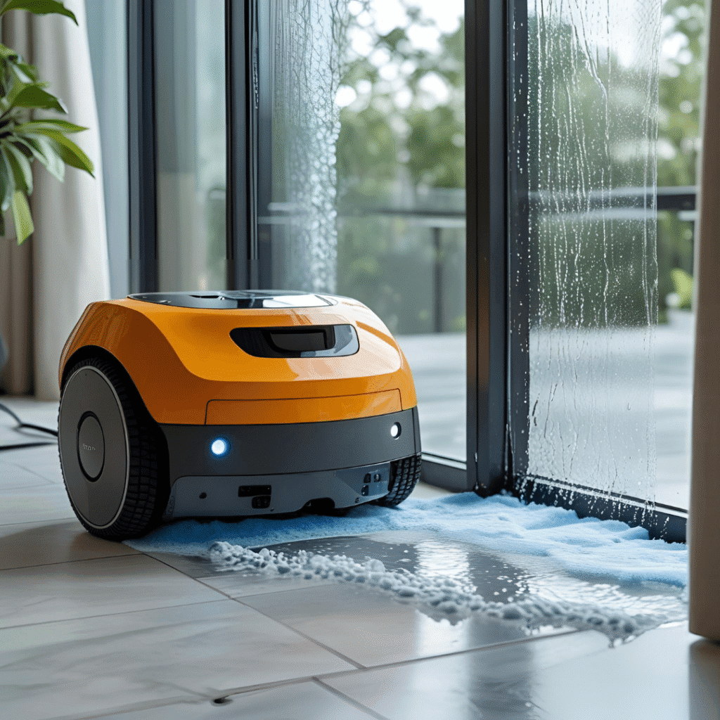 n robot de limpieza autónomo, de color naranja y gris, limpiando un suelo de baldosas cerca de una ventana. Se puede ver espuma y agua en el suelo, indicando que el robot está en pleno funcionamiento