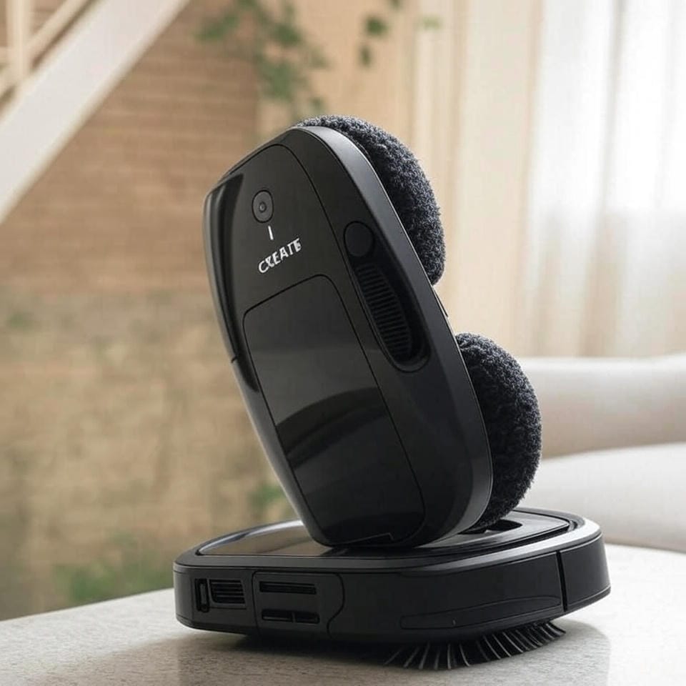 Robot limpiacristales compacto y moderno adherido a una ventana, realizando limpieza automática en un hogar contemporáneo con plantas y muebles minimalistas