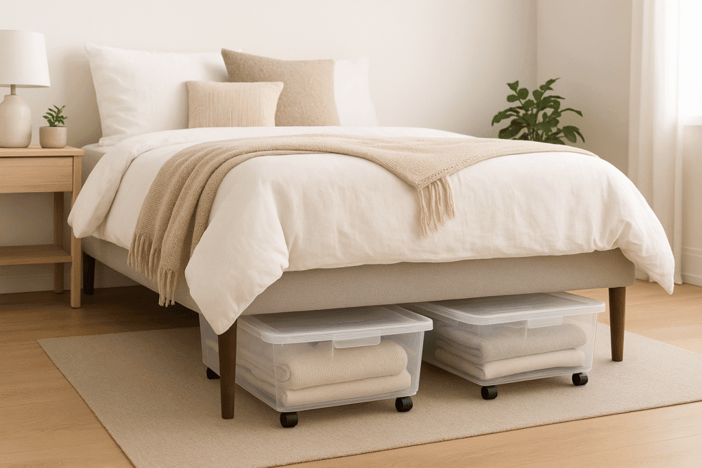 Cajas de almacenaje bajo la cama para optimizar el espacio en el hogar Cajas de plástico con ruedas bajo la cama para guardar ropa de temporada y mantener el hogar organizado