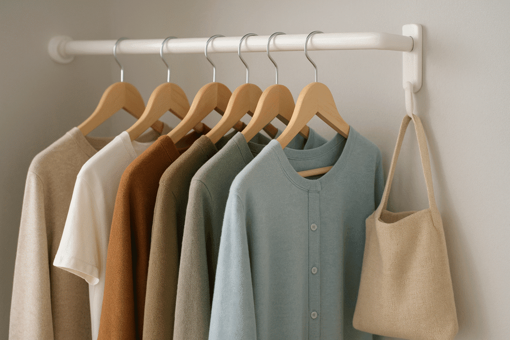 Método del colgador invertido para organizar el armario Ropa colgada en perchas al revés dentro de un armario como ejemplo del método del colgador invertido para donar lo que no se usa