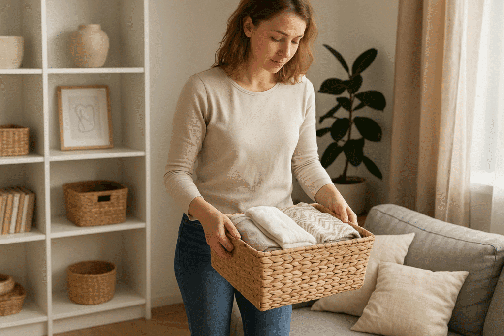 Hacks de organización y orden para el hogar Mujer organizando el salón con una cesta de almacenaje como hack de orden en el hogar