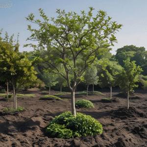 Un árbol joven de tronco delgado y copa de hojas verdes vibrantes, plantado en el centro de un terreno de tierra oscura y arada. Alrededor de la base del árbol, hay un montículo de tierra con arbustos pequeños de color verde. Al fondo, se ven otros árboles jóvenes en un espacio abierto, con árboles más grandes en la distancia. El cielo es claro y el ambiente transmite una sensación de crecimiento y naturaleza