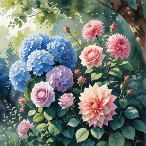 Un cuadro que muestra una variedad de flores en un jardín. A la izquierda, un gran arbusto de hortensias azules y moradas. En el centro y a la derecha, tallos de rosas rosadas y dalias en tonos de salmón y rosa claro. Las flores están en plena floración, rodeadas de hojas verdes. La luz del sol ilumina el fondo, creando un ambiente suave y natural