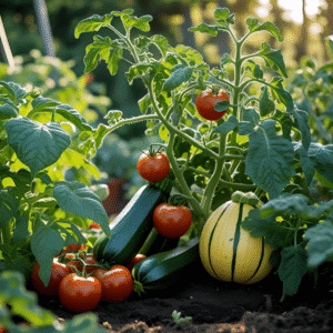 Una toma de cerca de una planta de tomate con frutos maduros. Debajo, en la tierra, se encuentran varios calabacines verdes y una calabaza amarilla y verde a rayas. La luz del sol de la tarde ilumina las hojas y los vegetales, creando una atmósfera cálida y natural en el huerto