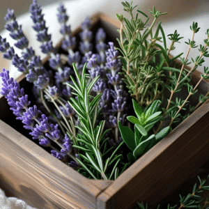 Una caja de madera rústica llena de hierbas aromáticas frescas. A la izquierda, manojos de lavanda con sus flores moradas. En el centro, ramas de romero con hojas en forma de aguja. A la derecha, tallos de tomillo. La imagen tiene una iluminación suave y natural, destacando la frescura y la textura de cada hierba