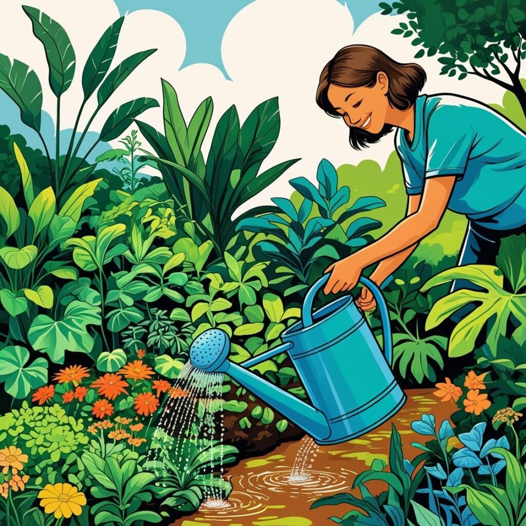 Mujer regando plantas en jardín con regadera: consejos para ahorrar agua al regar