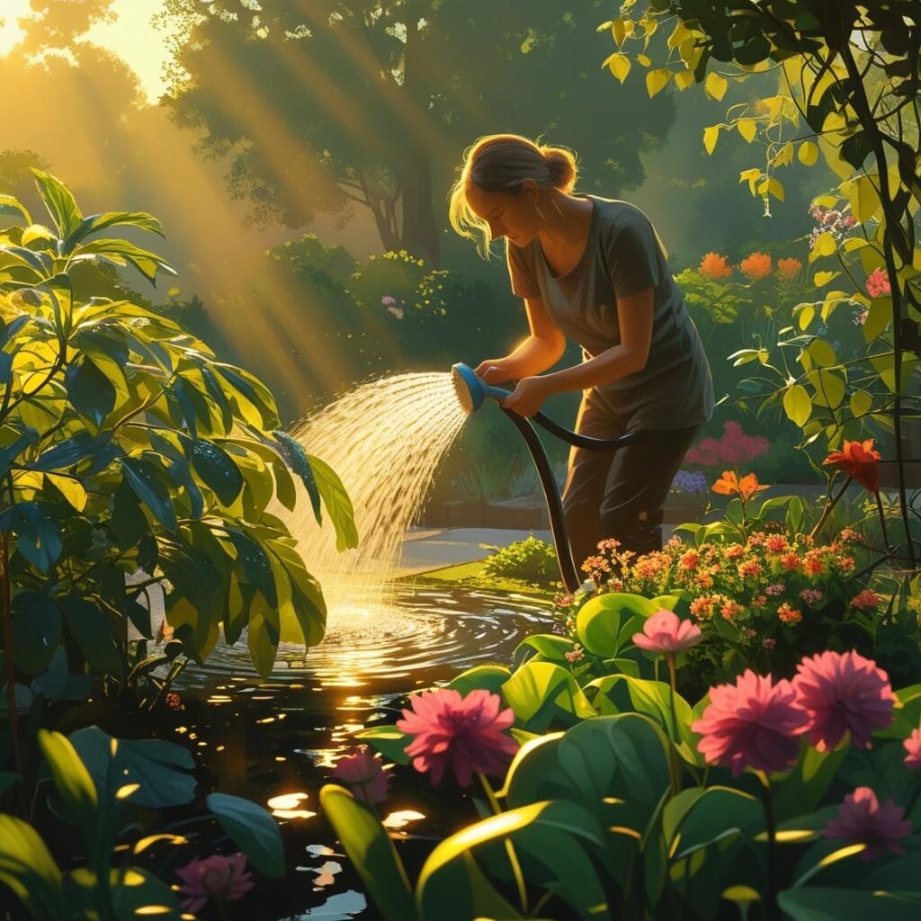 Mujer regando plantas al atardecer en jardín, aplicando consejos de riego nocturno para conservación de agua