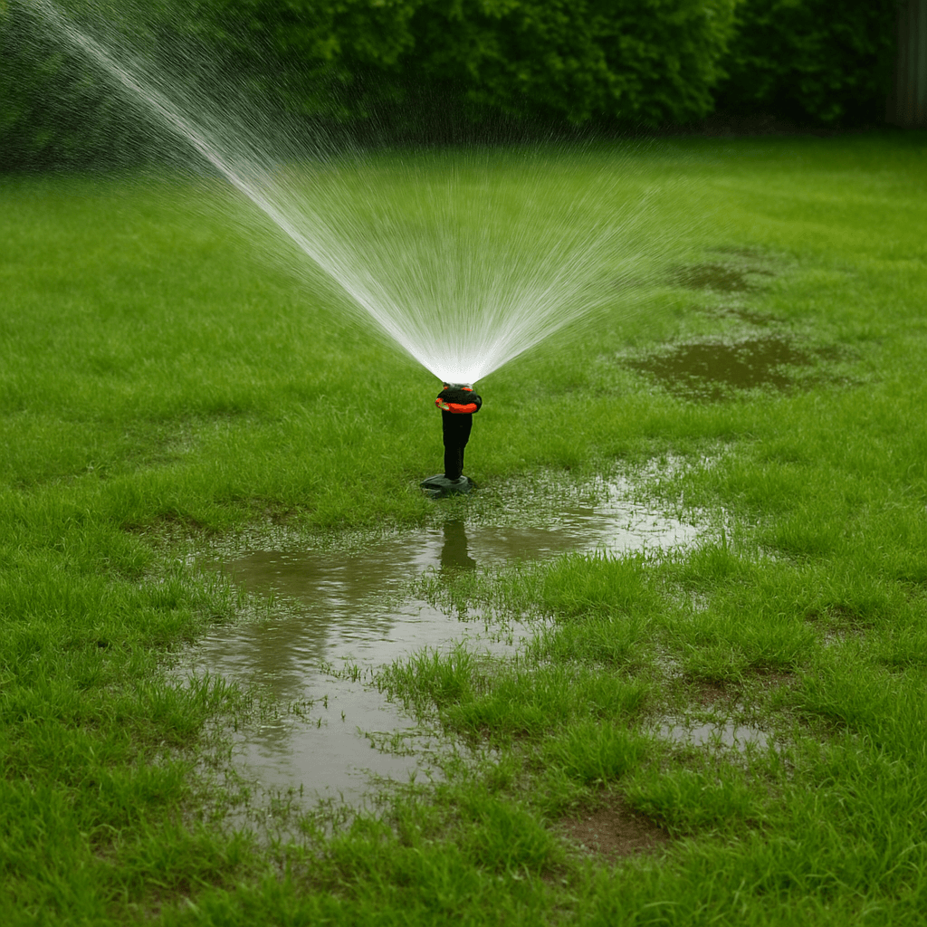 Aspersor regando un jardín con problemas de encharcamiento Aspersor funcionando sobre césped con charcos de agua acumulada y zonas encharcadas