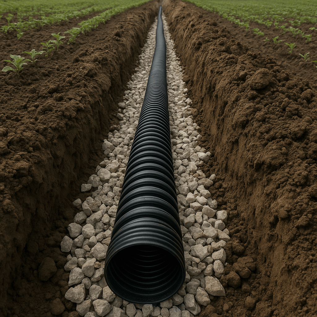 Sistema de drenaje subsuperficial en campo agrícola Tubería corrugada negra instalada en una zanja con grava como parte de un sistema de drenaje subsuperficial agrícola para solución al encharcamiento en el jardín