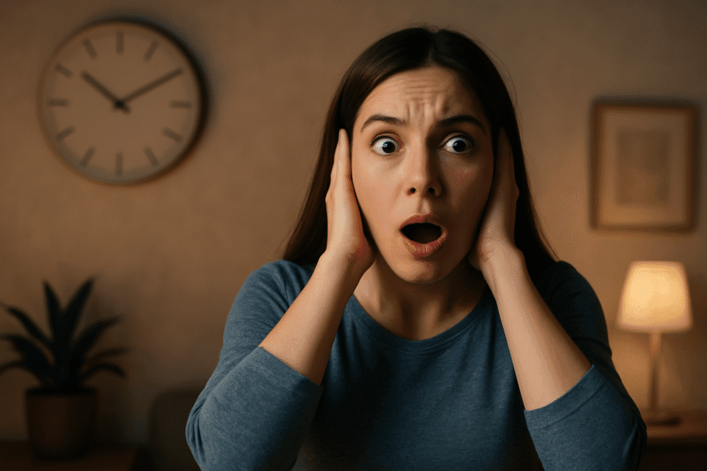 Mujer en casa con gesto de misterio y curiosidad por los ruidos molestos, representación de soluciones para aislar el hogar