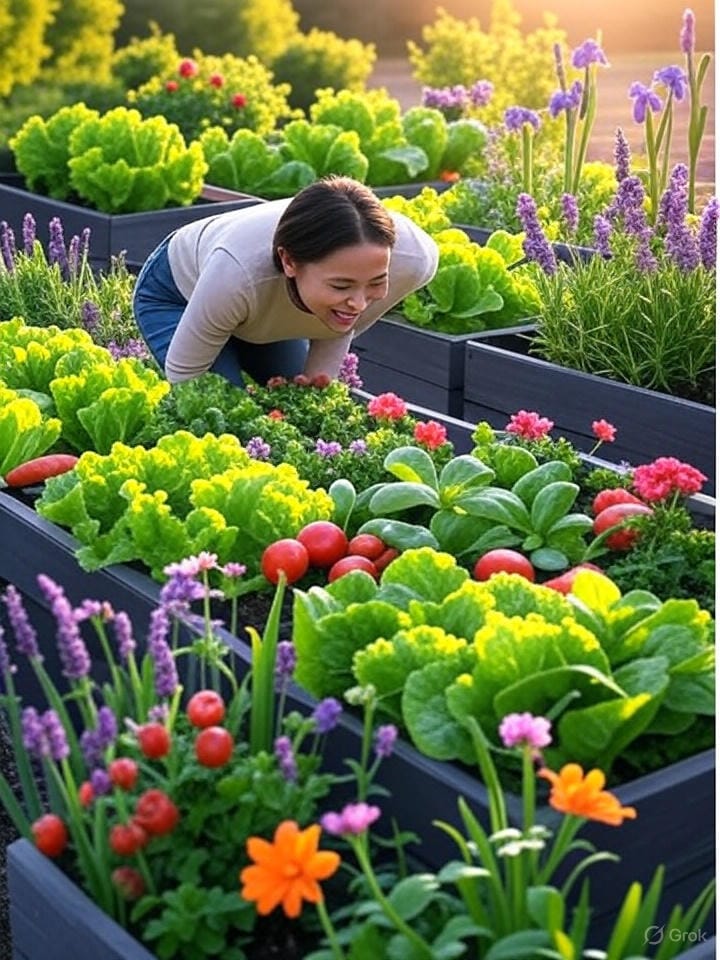 Mujer feliz de pie en un jardín con bancales elevados llenos de lechuga, tomates, lavanda y flores, iluminada por los rayos del atardecer.