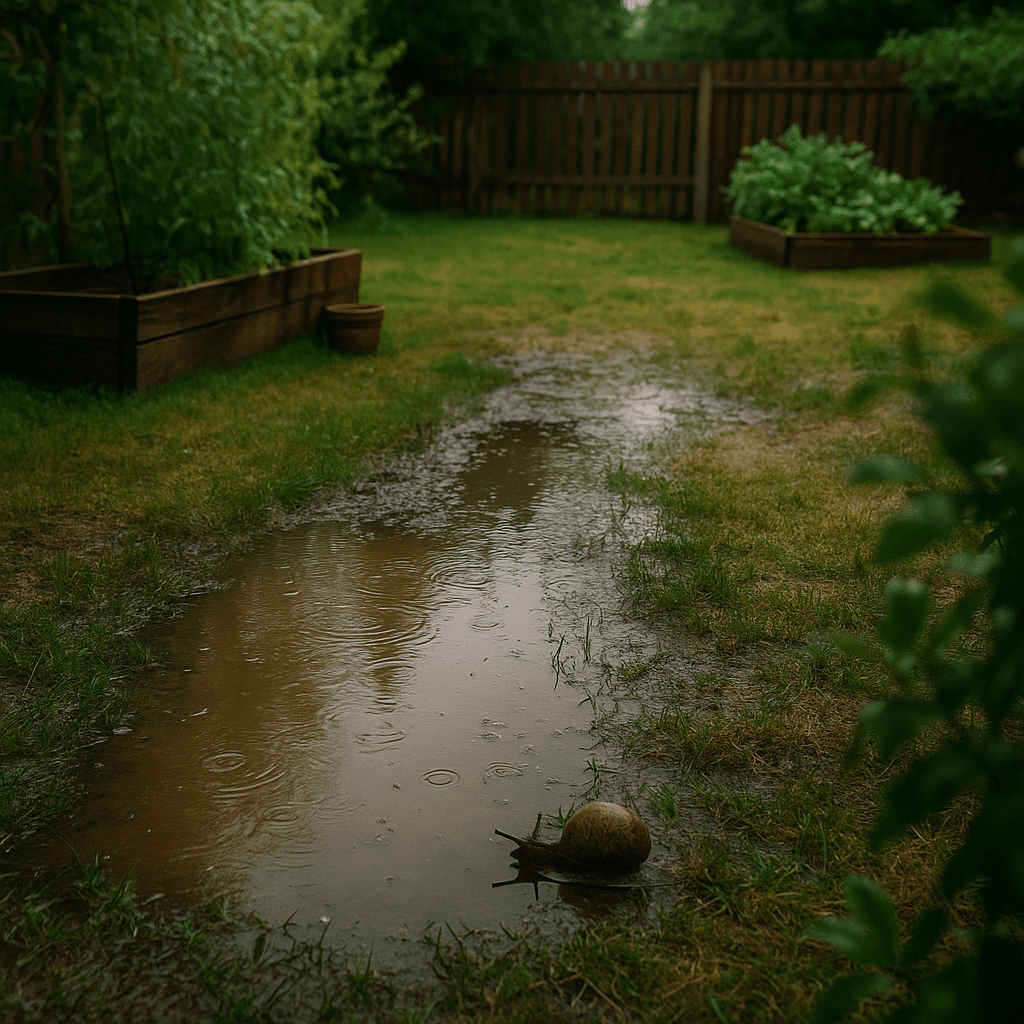 Soluciones efectivas para evitar el encharcamiento en el jardín tras la lluvia, con enfoque en drenaje y control de charcos