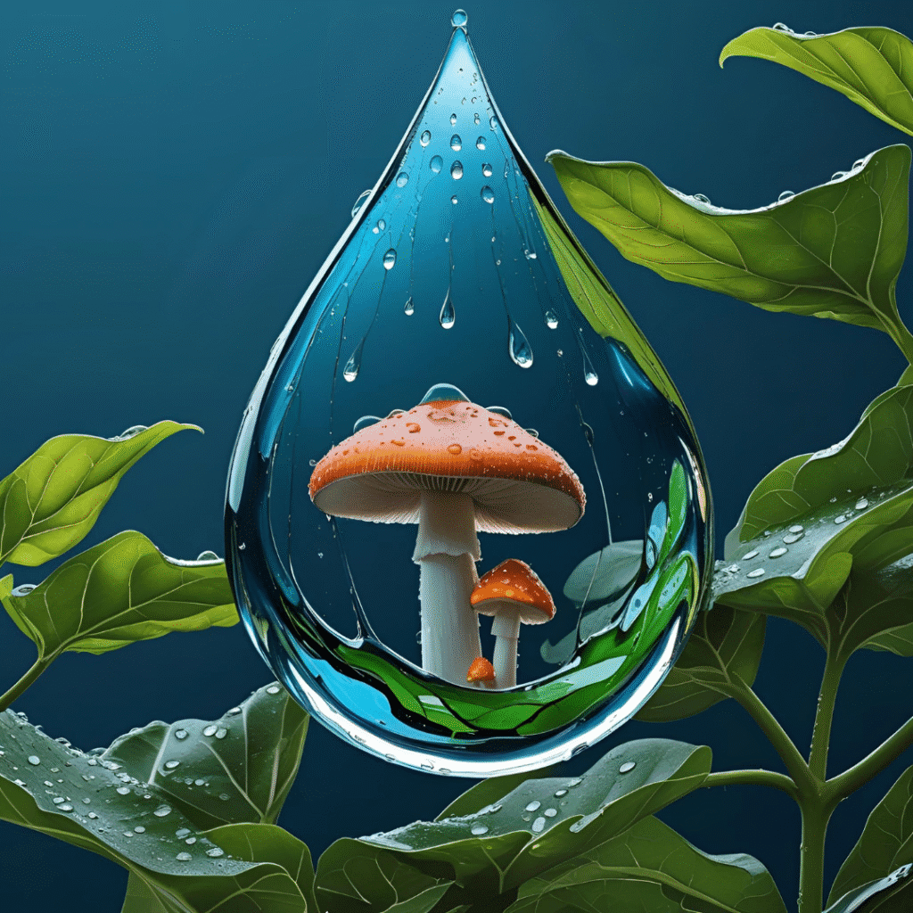 Imagen conceptual de una gran gota de agua con setas de color naranja dentro, colgando de una hoja verde. La escena ilustra la relación entre la lluvia y los hongos
