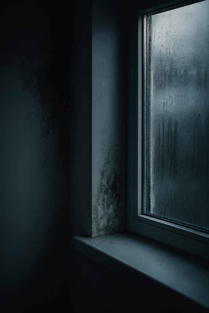 Humedad por condensación en casa con ventana empañada y manchas de moho en la pared