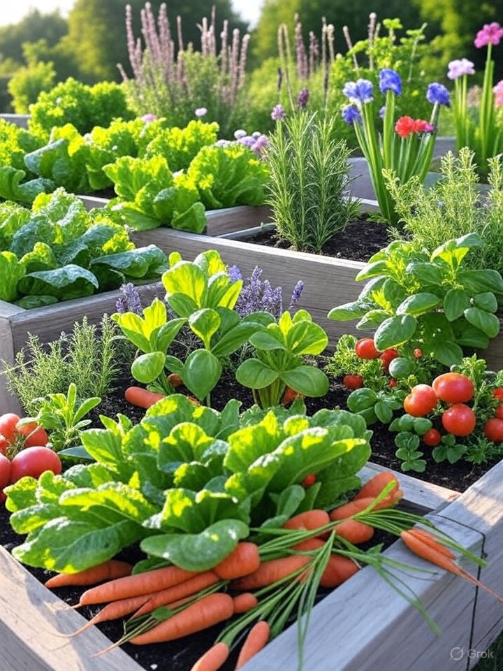 Bancal elevado con lechuga, zanahorias, tomates, lavanda, geranios, iris, romero, tomillo y albahaca en un jardín verde y colorido