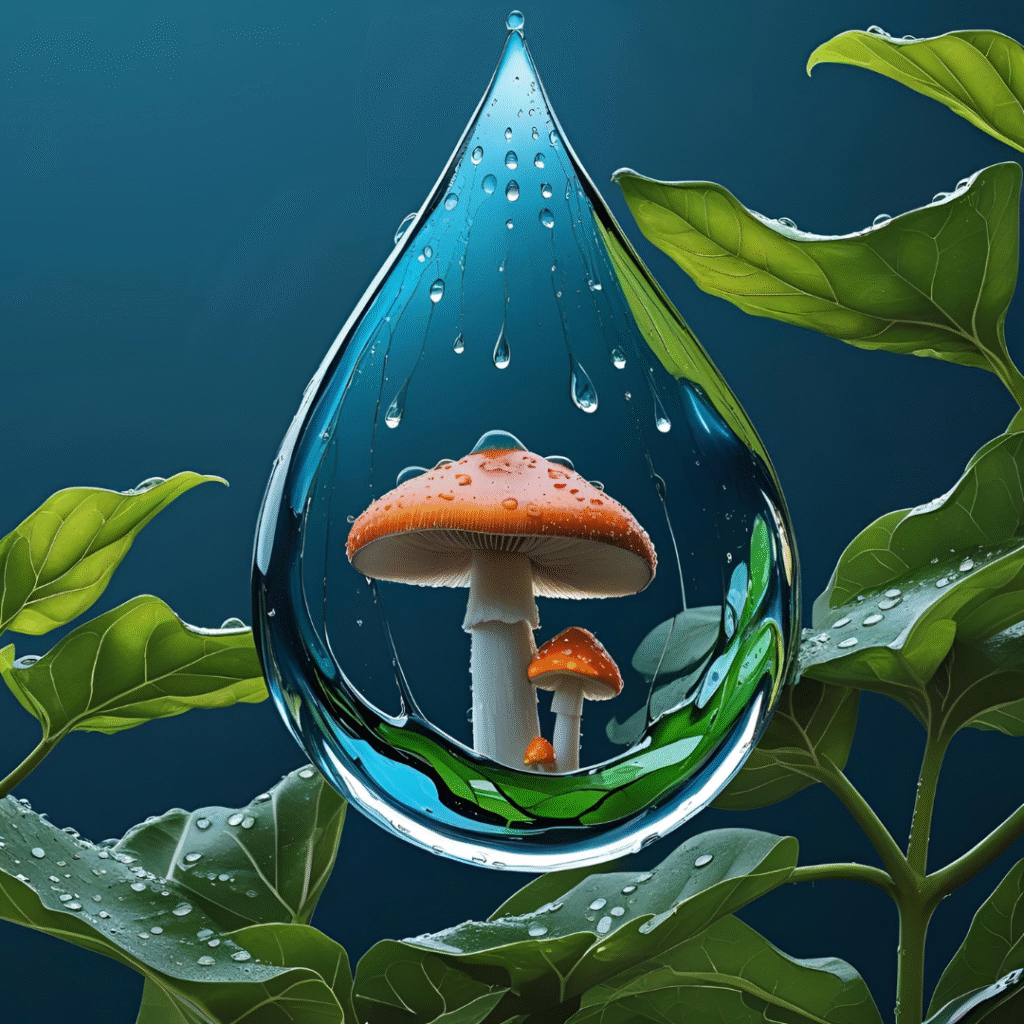 Imagen conceptual de una gran gota de agua con setas de color naranja dentro, colgando de una hoja verde. La escena ilustra la relación entre la lluvia y los hongos