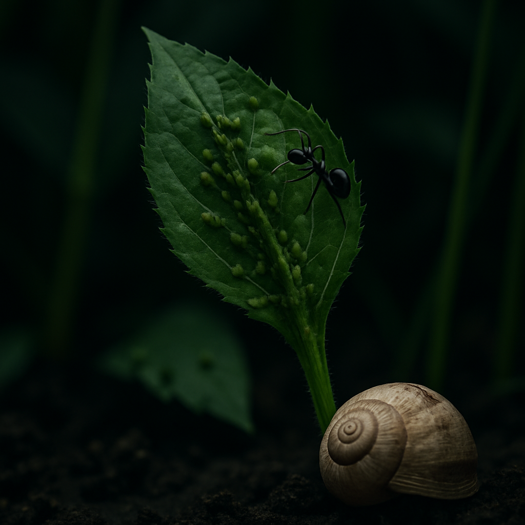 Primer plano de una hoja verde infestada de pulgones, con una hormiga negra y un caracol al pie sobre la tierra