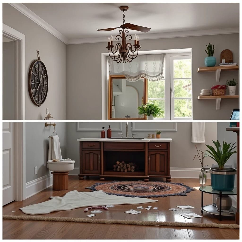 Antes y después: tips para una limpieza del hogar rápida y efectiva Díptico que muestra un baño desordenado (abajo) y el mismo baño limpio y organizado (arriba)