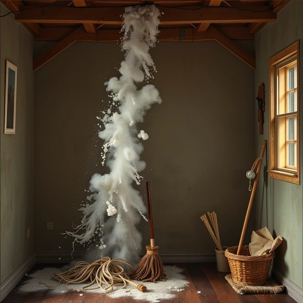 Evita este error común: barrer el polvo de forma incorrecta Nube de polvo y suciedad cayendo del techo sobre una escoba y un trapeador, representando un error de tips de limpieza del hogar