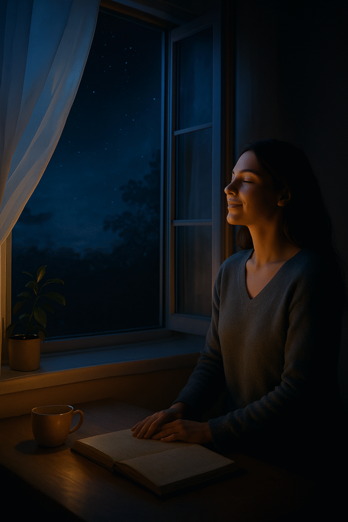 Mujer relajada disfrutando de aire fresco nocturno en casa con ventana abierta y luz de luna