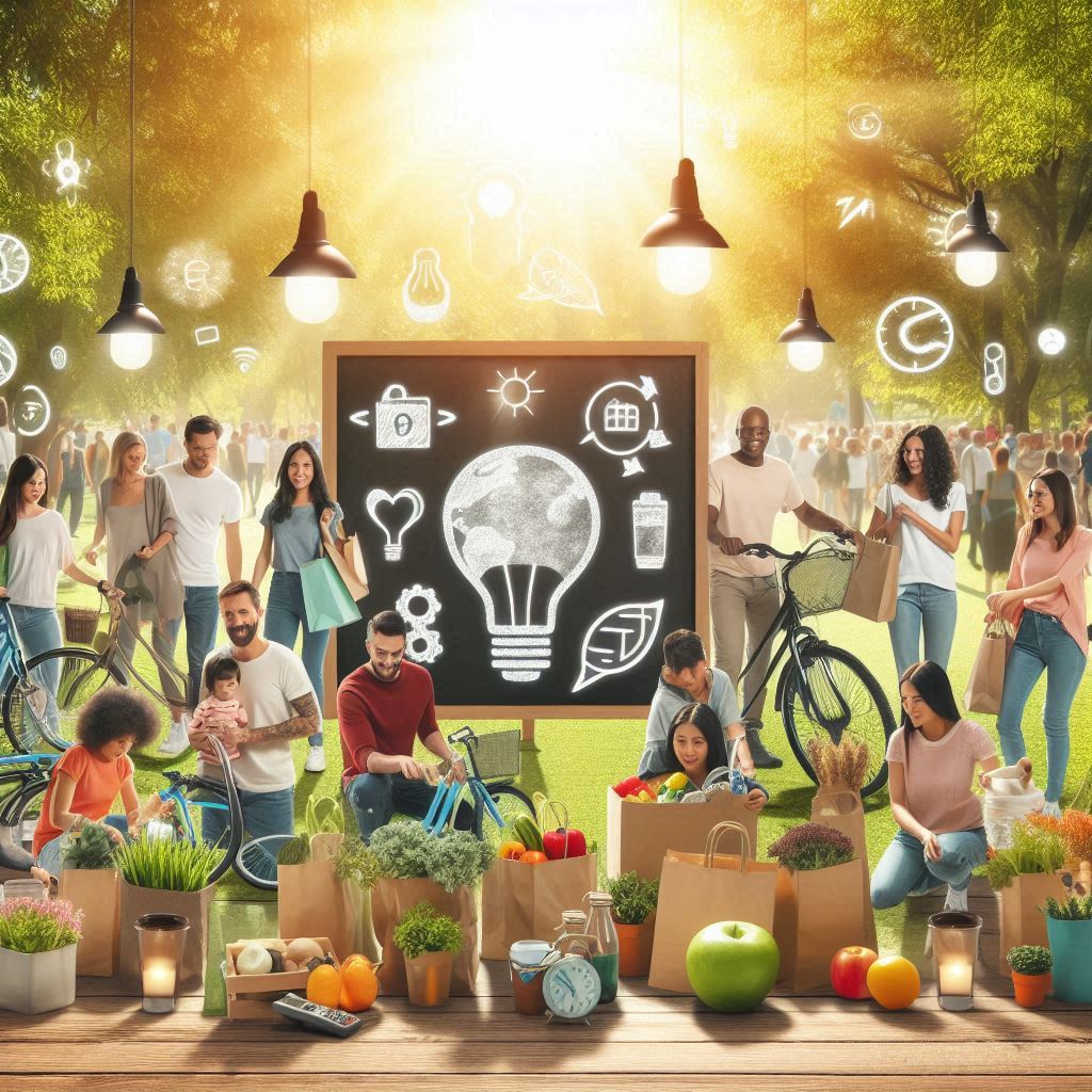 Ahorro de energía y sostenibilidad en comunidad: hábitos responsables en casa y ciudad Personas en un parque con bicicletas, bolsas reutilizables, bombillas colgantes y alimentos naturales, promoviendo el ahorro de energía y la vida sostenible