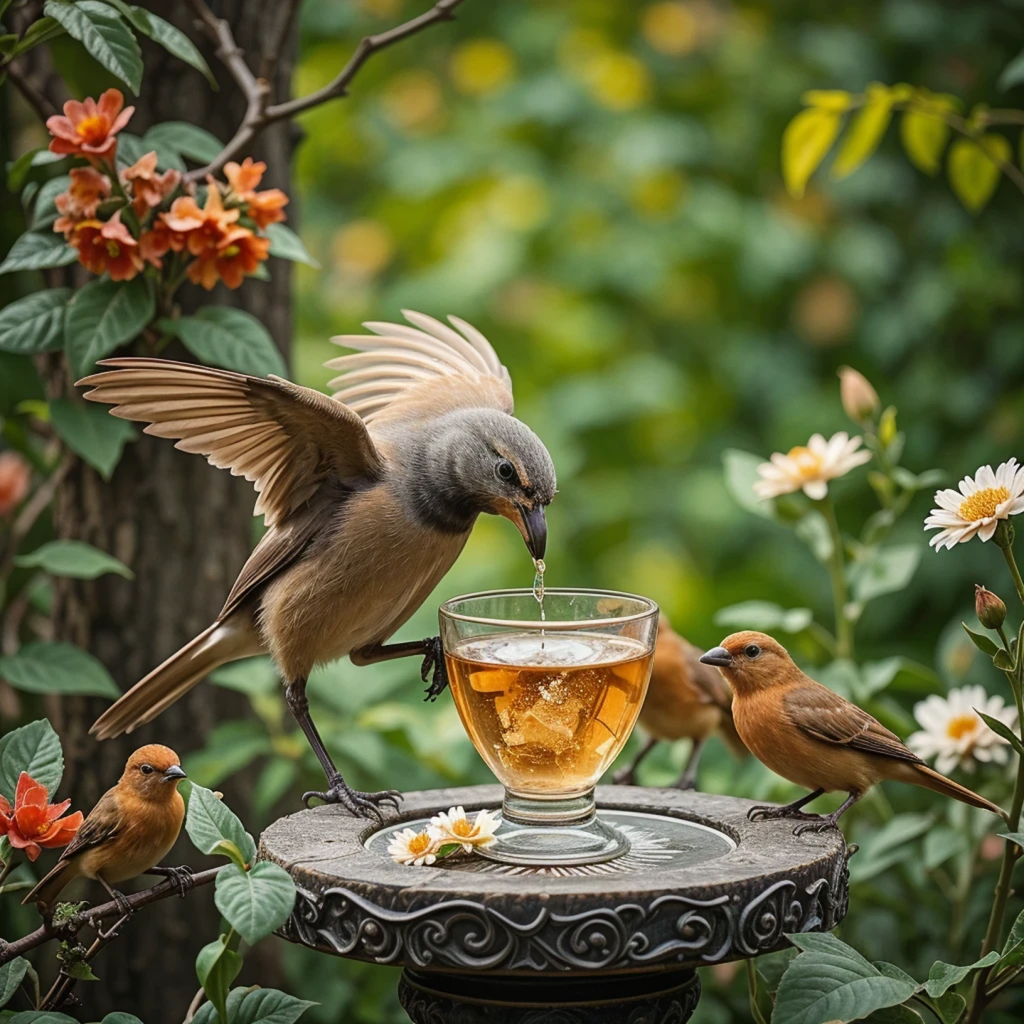 Pájaro bebiendo agua de un pequeño bebedero de piedra en un jardín frondoso con flores