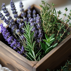 Una caja de madera rústica llena de hierbas aromáticas frescas. A la izquierda, manojos de lavanda con sus flores moradas. En el centro, ramas de romero con hojas en forma de aguja. A la derecha, tallos de tomillo. La imagen tiene una iluminación suave y natural, destacando la frescura y la textura de cada hierba