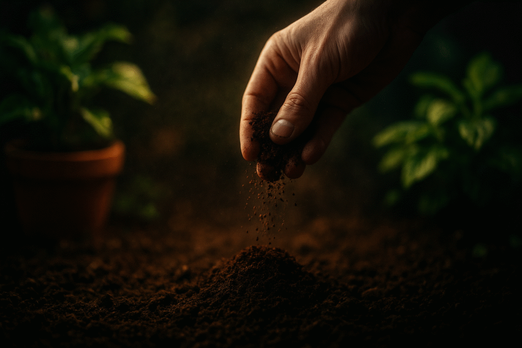Mano soltando posos de café sobre la tierra iluminada con un ambiente misterioso en el jardín