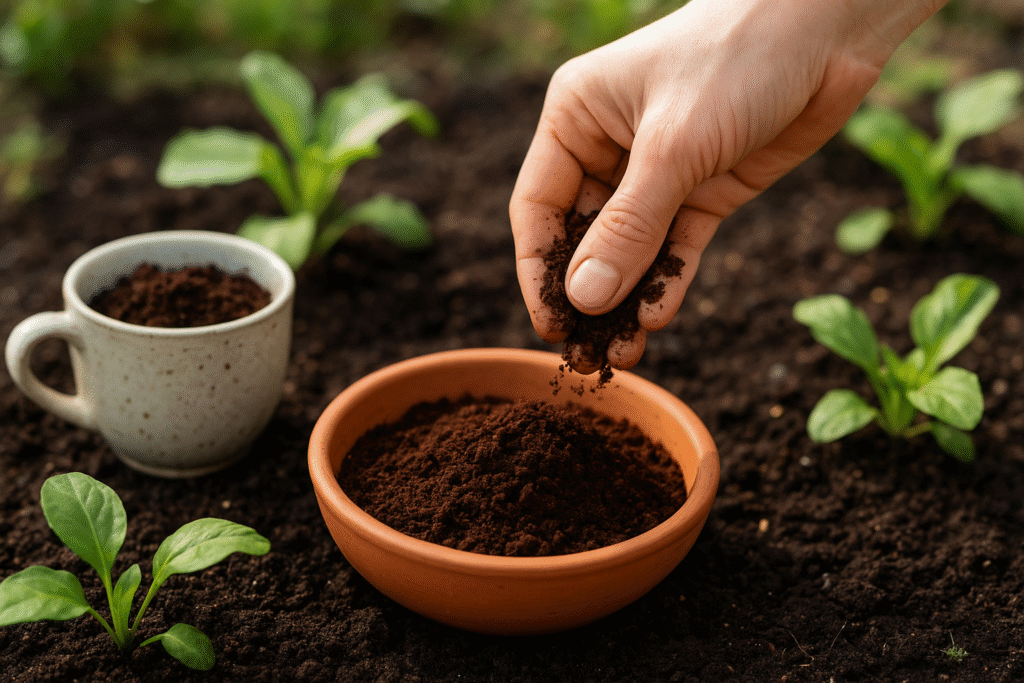 Mano esparciendo posos de café sobre la tierra del jardín junto a macetas con plantas verdes