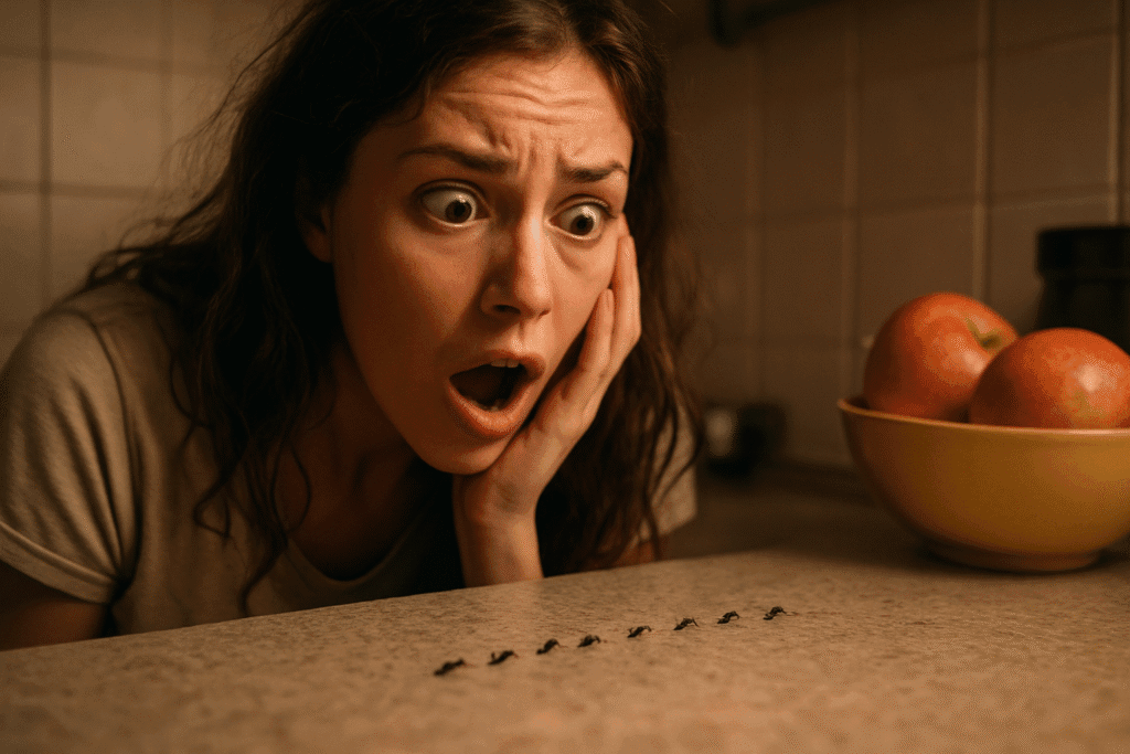 Mujer sorprendida observa hormigas en la cocina, representación de plagas pequeñas en casa y soluciones naturales para eliminarlas sin químicos