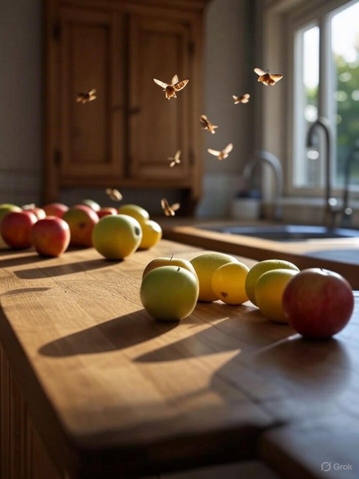 Polillas volando alrededor de manzanas y limones en una encimera de cocina soleada, ilustrando una infestación común en el hogar