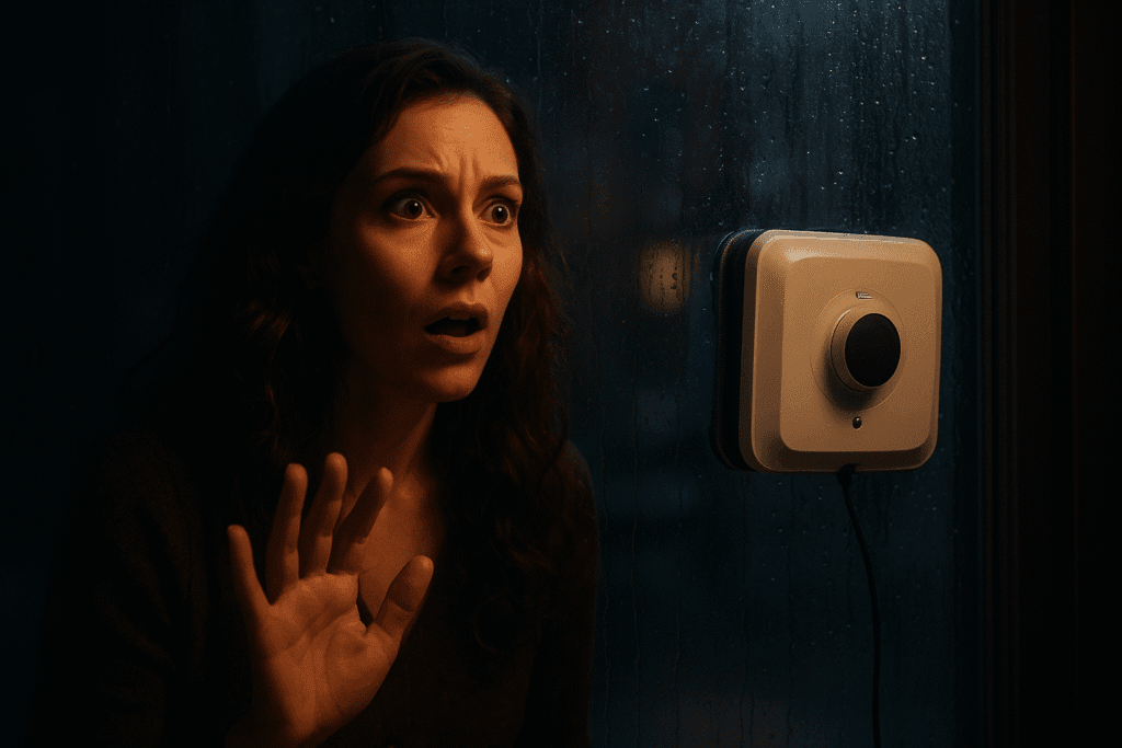 Mujer sorprendida observando un robot limpiacristales en la ventana durante la noche, con emoción y misterio en referencia a trucos para casa