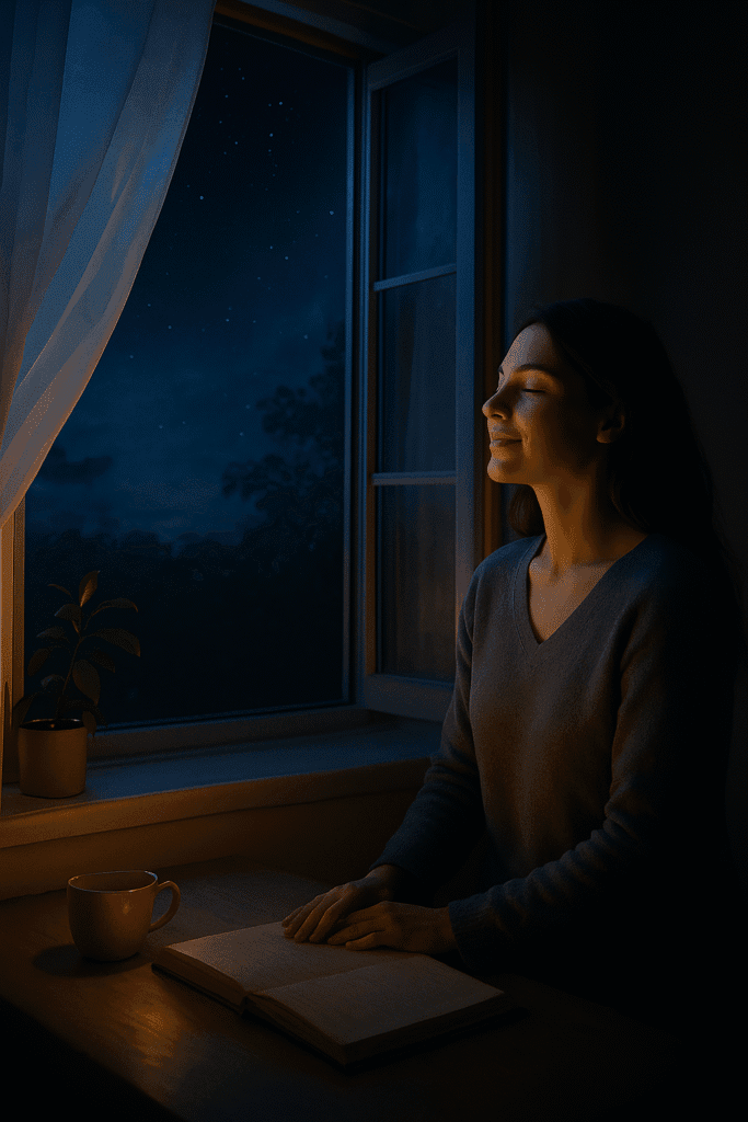 Mujer relajada disfrutando de aire fresco nocturno en casa con ventana abierta y luz de luna