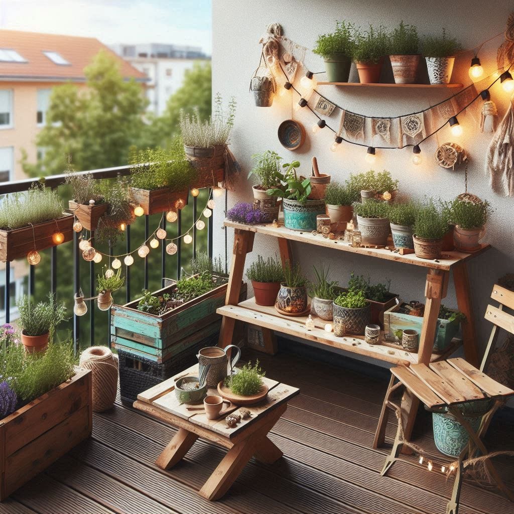 Rincón de Balcón Decorado con plantas, madera y estilo natural Decoración de balcón pequeño con plantas en macetas, silla de madera y ambiente acogedor en referencia a trucos para el hogar y jardín