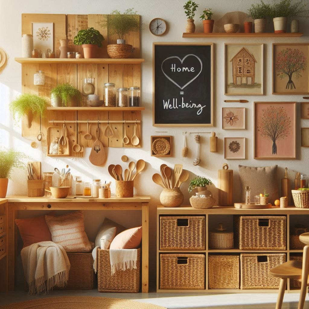 Decoración de hogar con calidez natural y detalles de madera Interior de hogar decorado con luz natural, madera, cajas de almacenamiento y pared organizada en referencia a trucos para el hogar y jardín