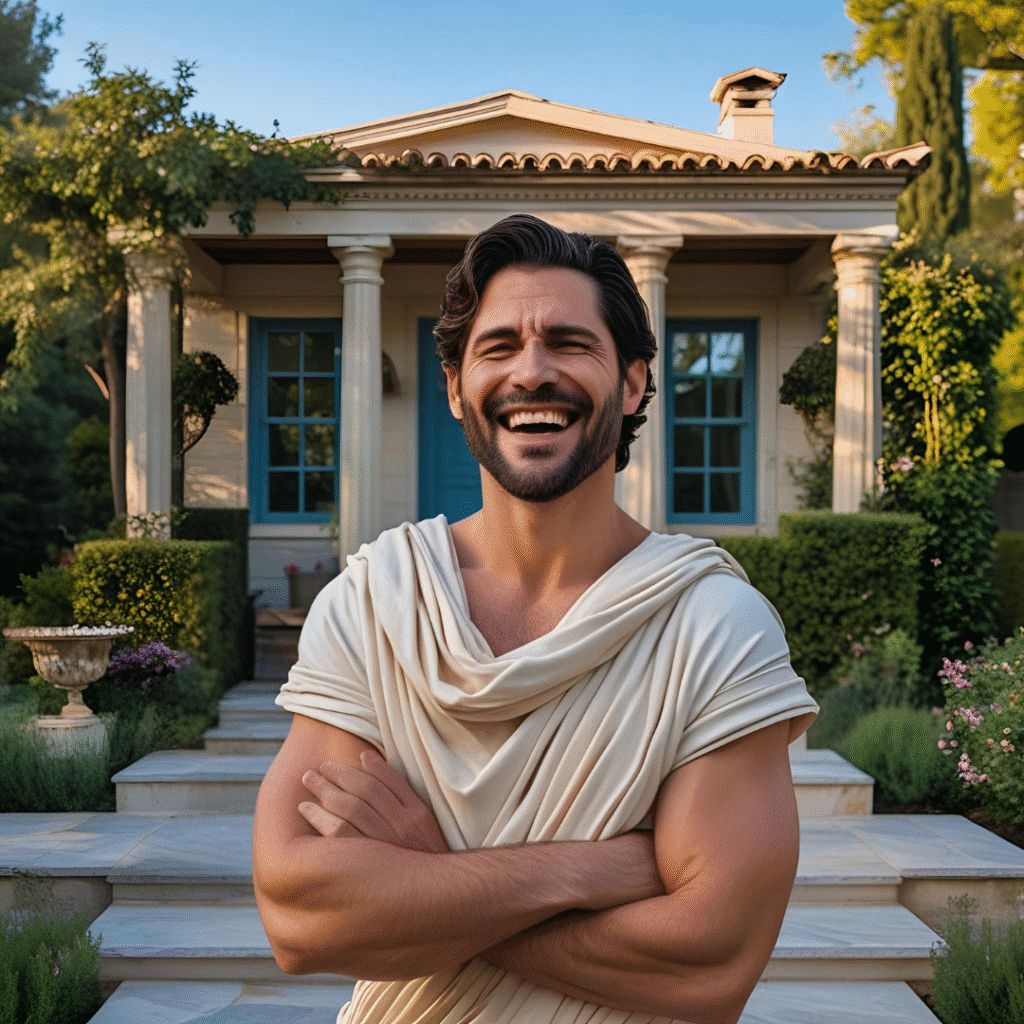 Un hombre alegre, de barba oscura y cabello, con una túnica de estilo griego antiguo color crema, se encuentra de pie con los brazos cruzados frente a una casa clásica con columnas y ventanas azules, en medio de un jardín bien cuidado