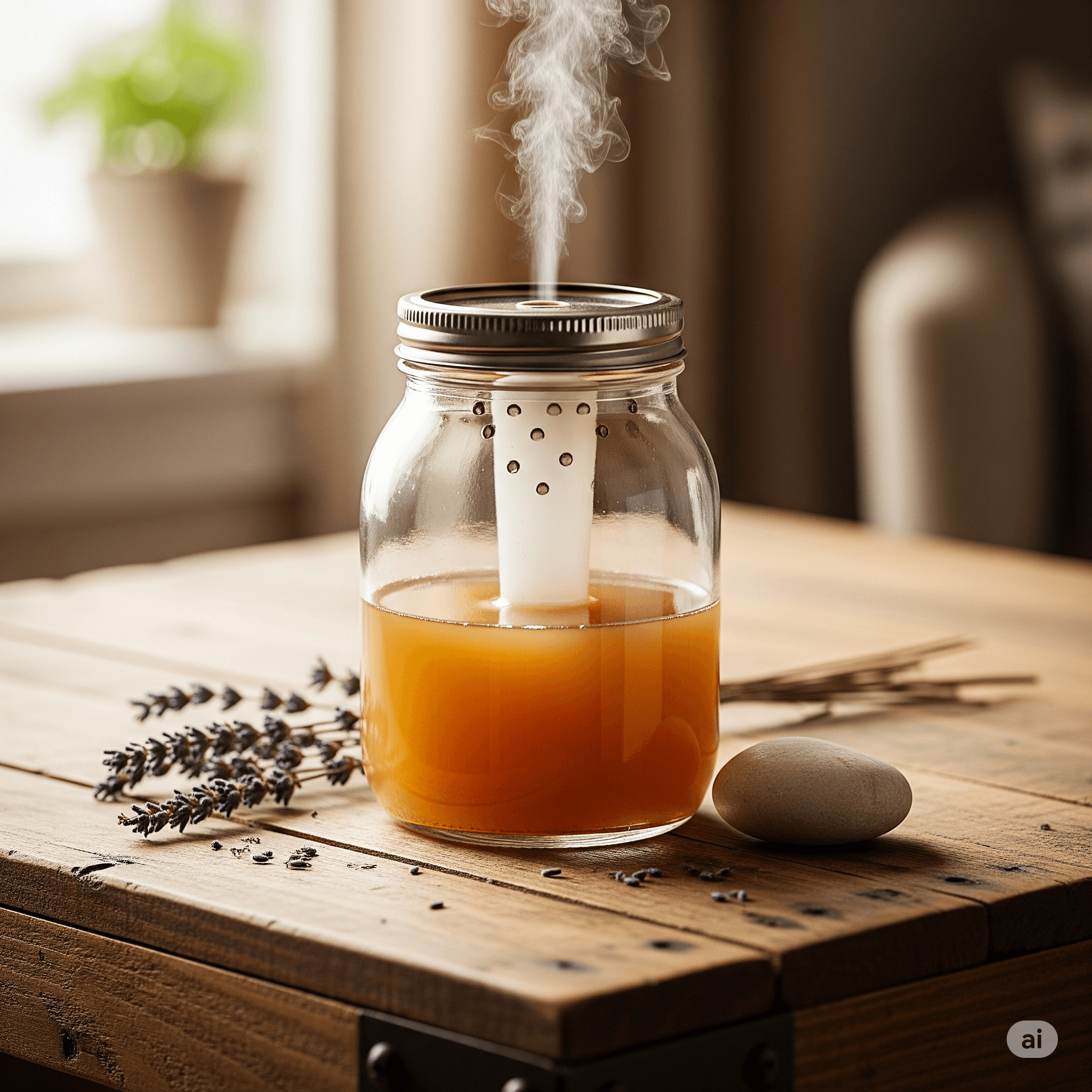 Difusor casero con vinagre de manzana sobre mesa de madera para mejorar el ambiente del hogar