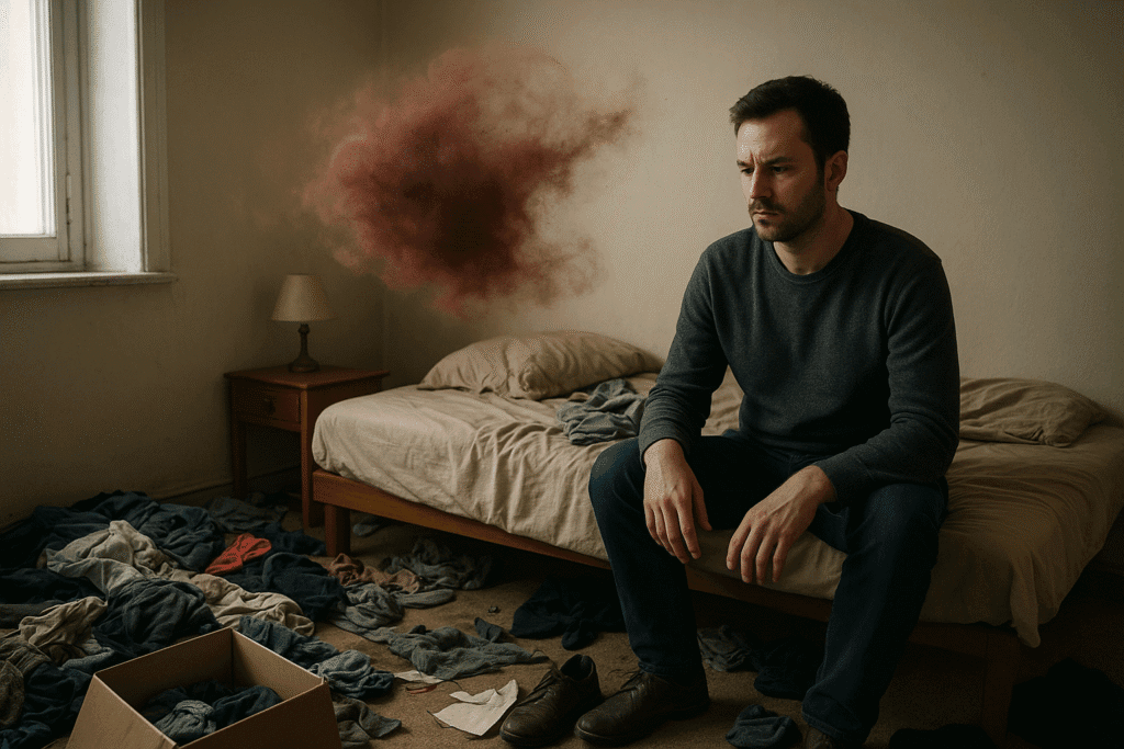 Hombre serio sentado en una habitación desordenada con ropa tirada y una nube simbólica de hormona en el aire que representa ansiedad sensorial