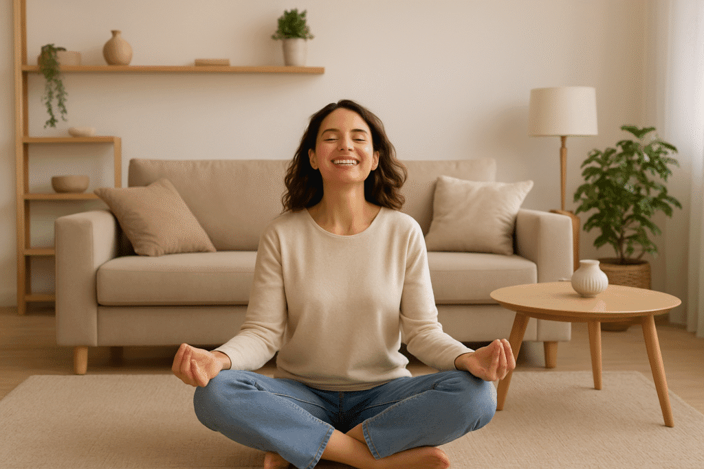 Mujer meditando en sala minimalista disfrutando de los beneficios psicológicos de la decoración del hogar