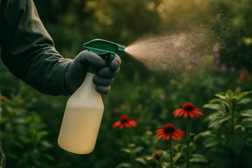 Jardinero con guantes pulverizando tratamiento contra plagas sobre plantas con flores en el jardín