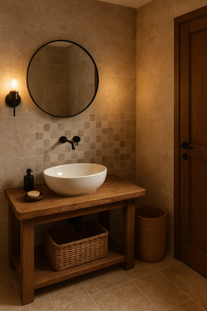 Baño decorado en estilo rústico con mueble de madera, lavabo redondo y luz ambiental cálida