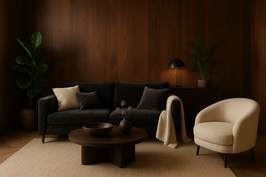 Salón moderno con paredes de madera oscura, sofá de terciopelo gris, sillón mullido claro y plantas naturales
