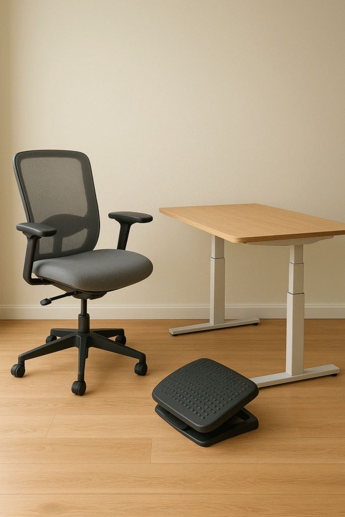 Silla ergonómica, mesa de altura ajustable y reposapiés en una oficina en casa minimalista