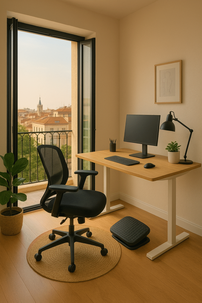 Oficina en casa con silla ergonómica, escritorio ordenado y balcón con vistas a la ciudad
