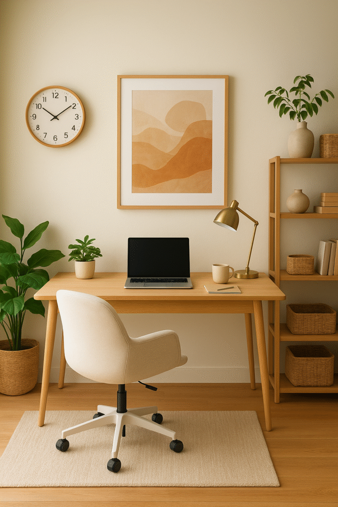 Oficina en casa minimalista y ordenada con escritorio de madera, plantas y decoración escandinava
