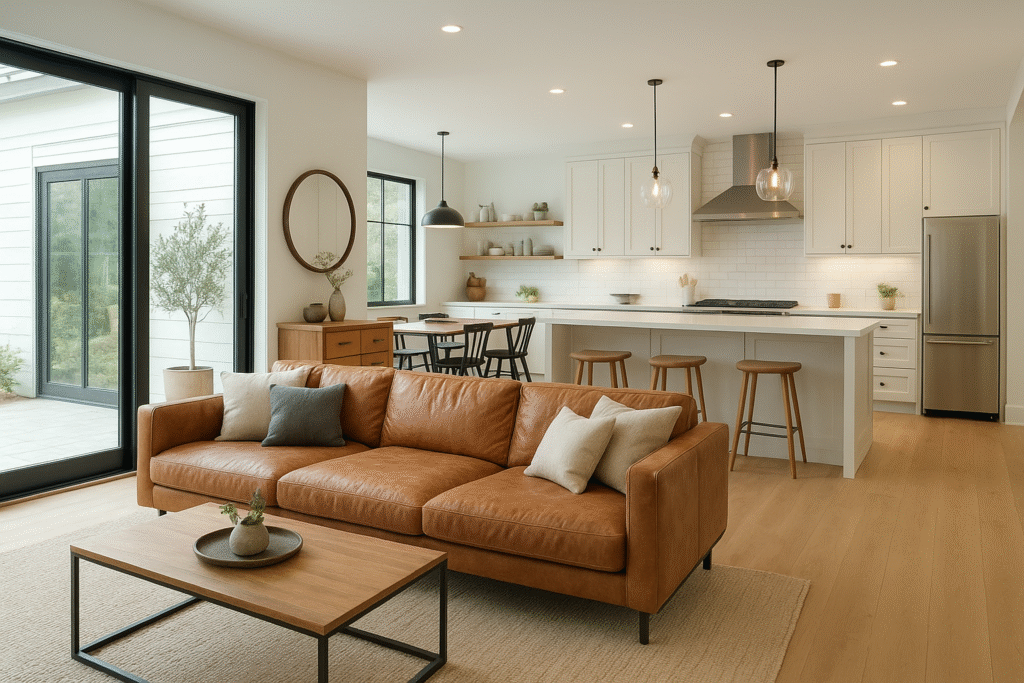 Salón cocina de concepto abierto con sofá de cuero, mesa de centro de madera, cocina blanca con isla y taburetes de madera iluminados por luz natural